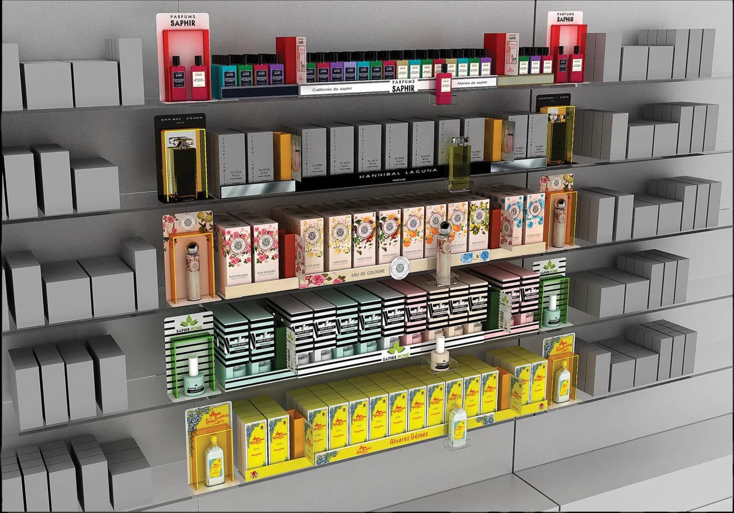 Réglettes, cartels et porte-prix dans une implantation de parfumerie