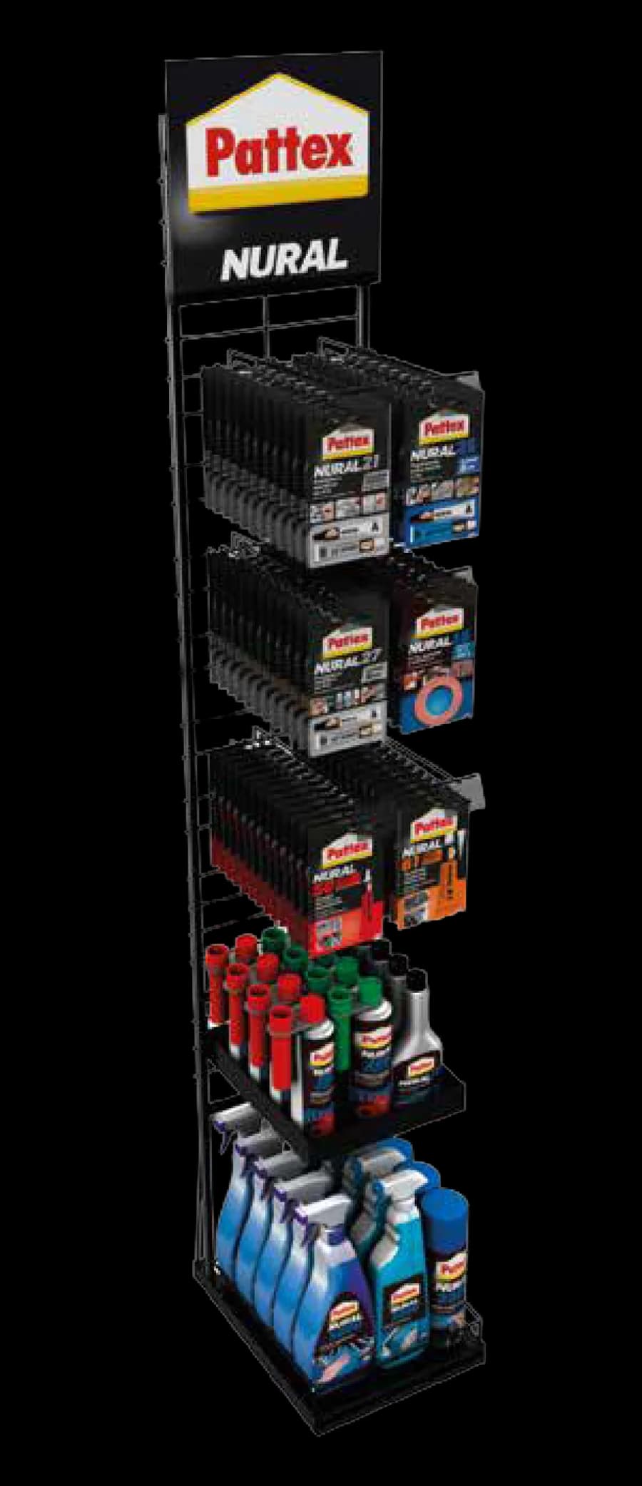 Floor display with a welded wire grid panel, hook arms and sheet-metal trays
