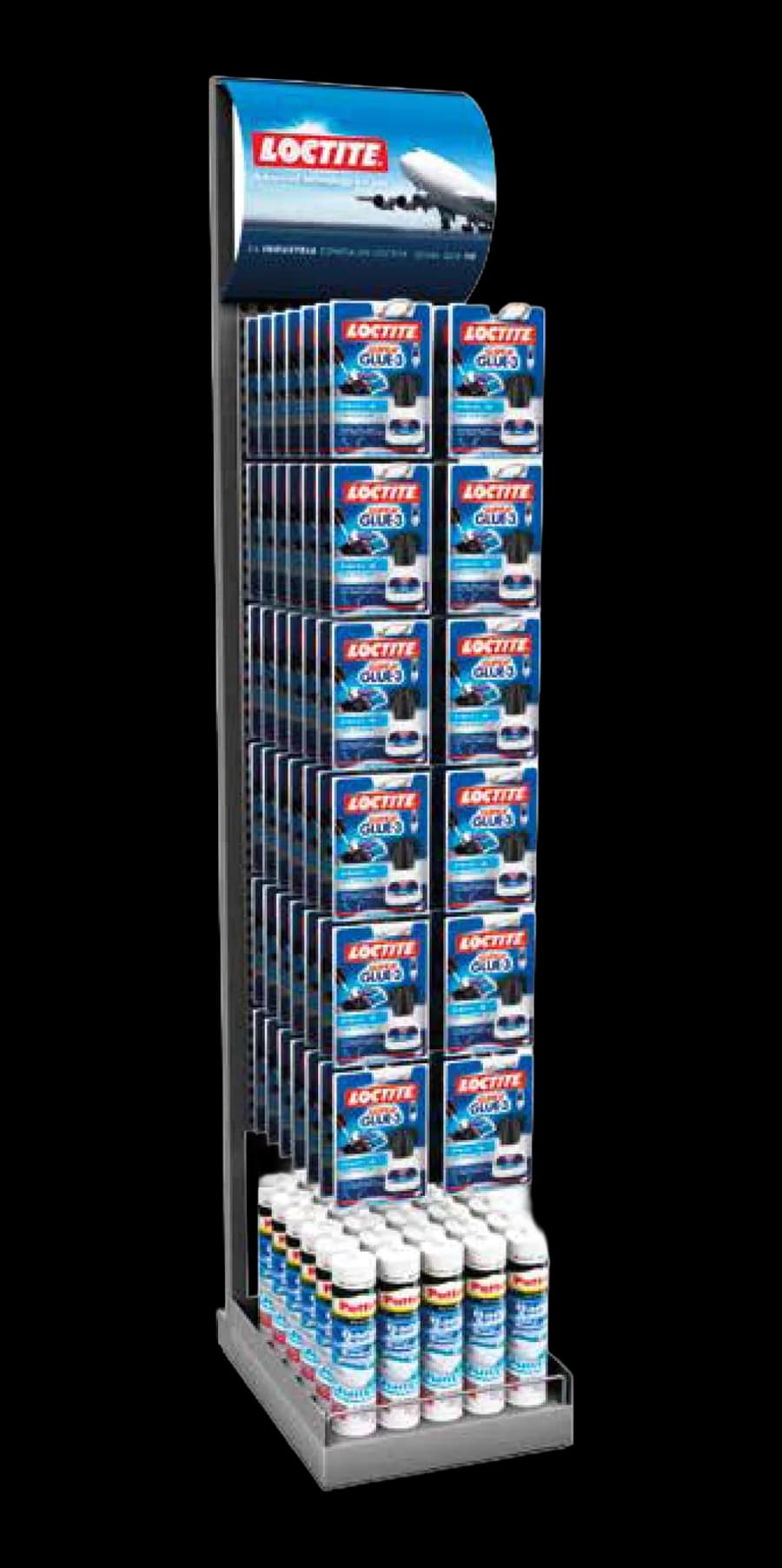 Perforated sheet-metal tower with a metal base tray and a curved header