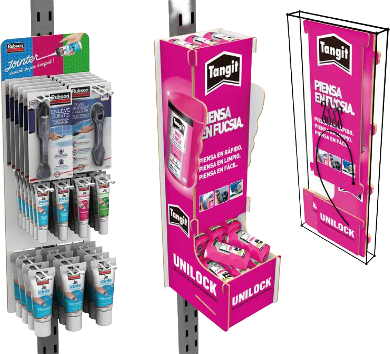Rubson Jointer cardboard panel hung from a shelf upright with blistered joint tools and tubes on wire hooks, next to the fuchsia Tangit Unilock cardboard module with its bulk tray and flat-pack view