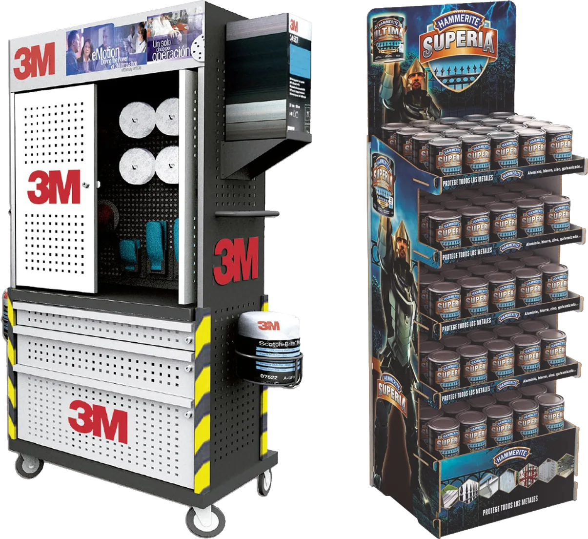 3M metal display trolley on castors with a perforated-door cabinet and three drawers, next to the Hammerite Superia cardboard floor display with five shelves of enamel tins