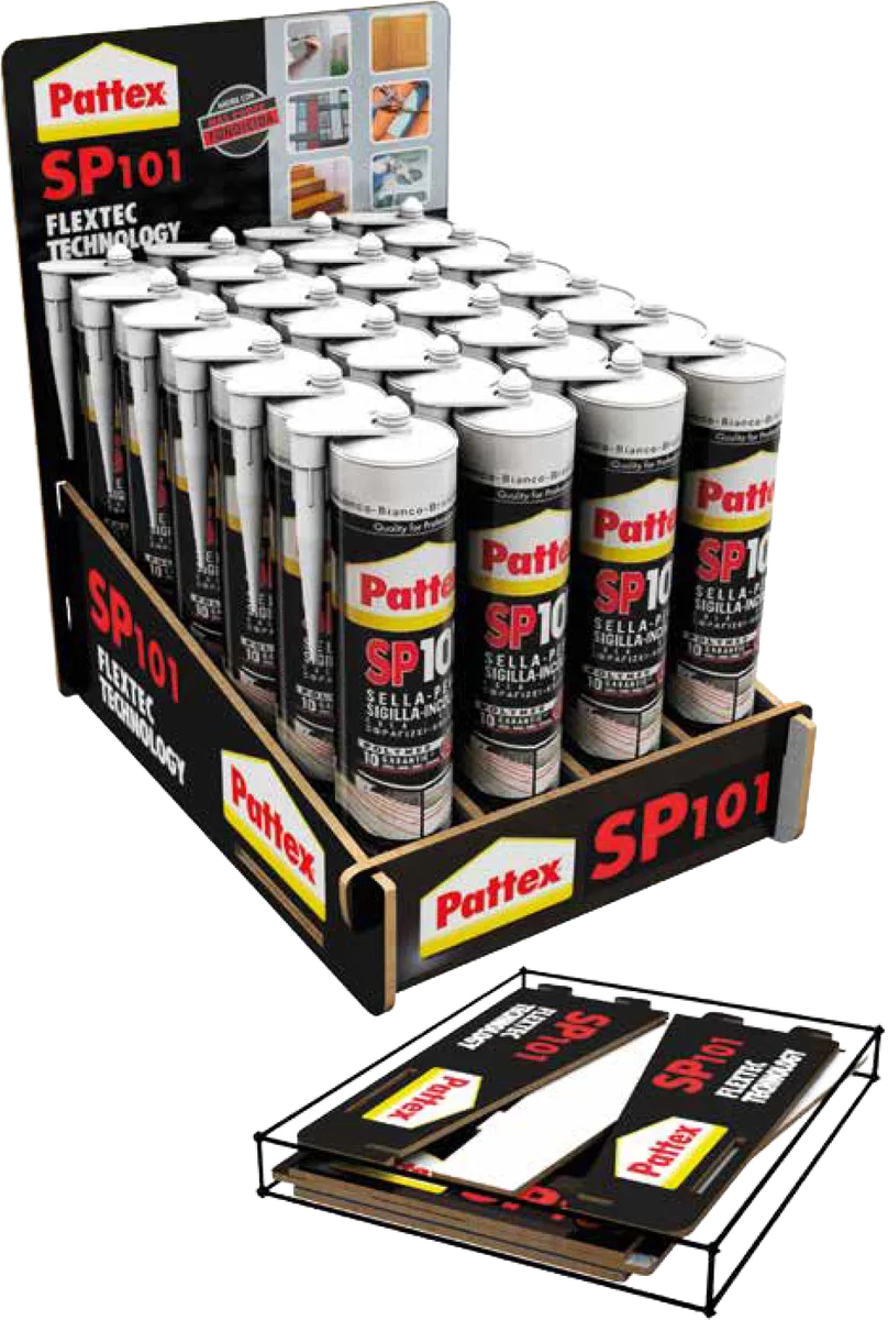 Pattex SP101 black cardboard counter tray loaded with cartridges, with the same unit folded flat below