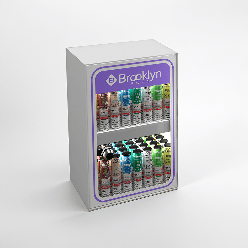 Illuminated display showcase with Brooklyn flavored vapes organized on two levels.