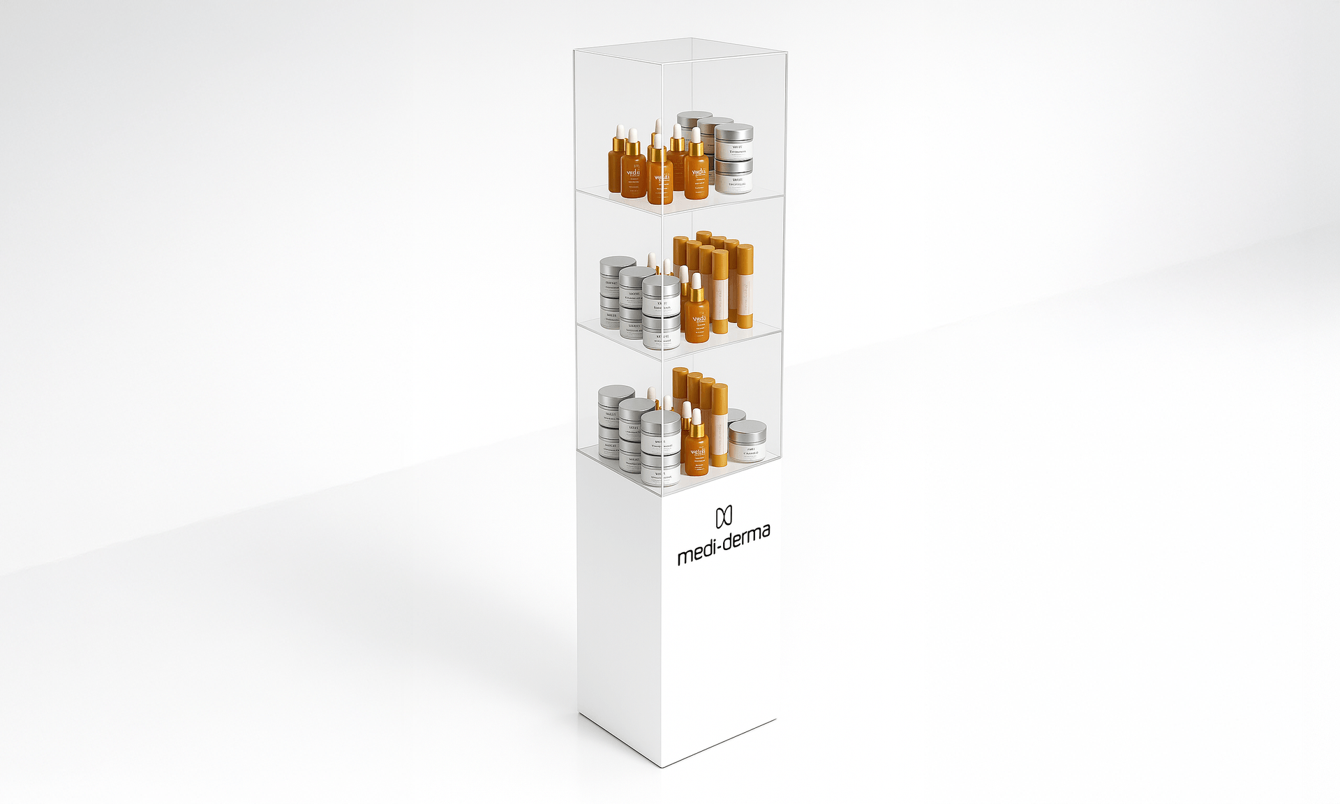 Vertical display showcase with transparent case and Medi+Derma skincare products arranged on three shelves.