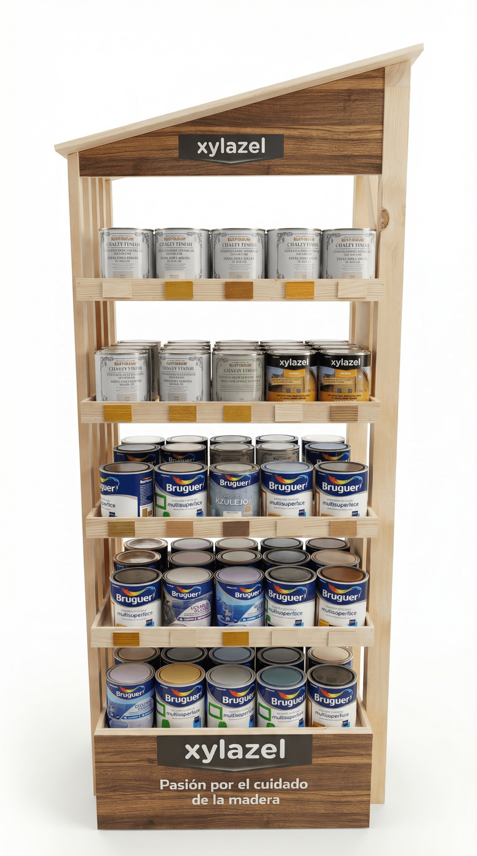 Wooden display stand from the Xylazel brand with several shelves filled with paint cans and wood care products, arranged in rows and with the logo visible at the top and bottom.