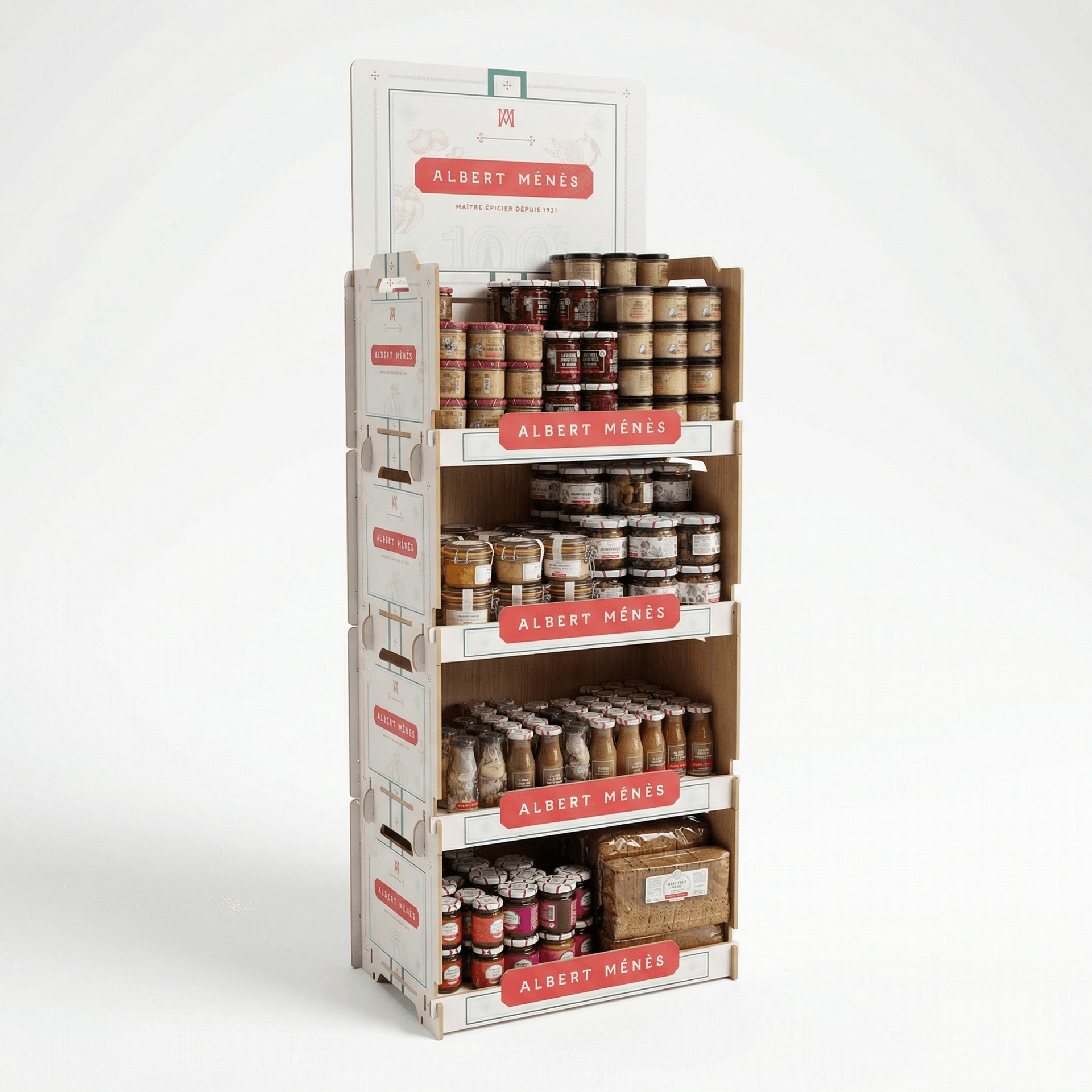 Vertical cardboard/wood display stand from the Albert Ménès brand with several levels filled with jars and gourmet products (sauces, spices, and preserves), featuring red brand signage on each shelf.