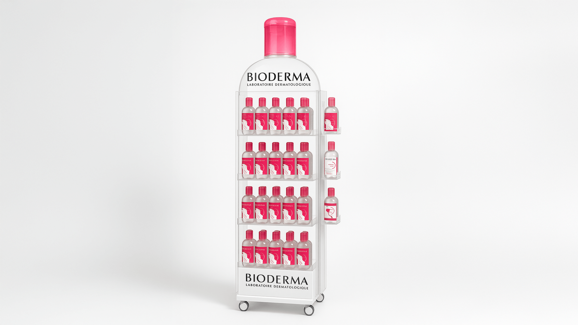 Custom POS Display shaped like a Bioderma bottle, featuring five rows of pink micellar water bottles