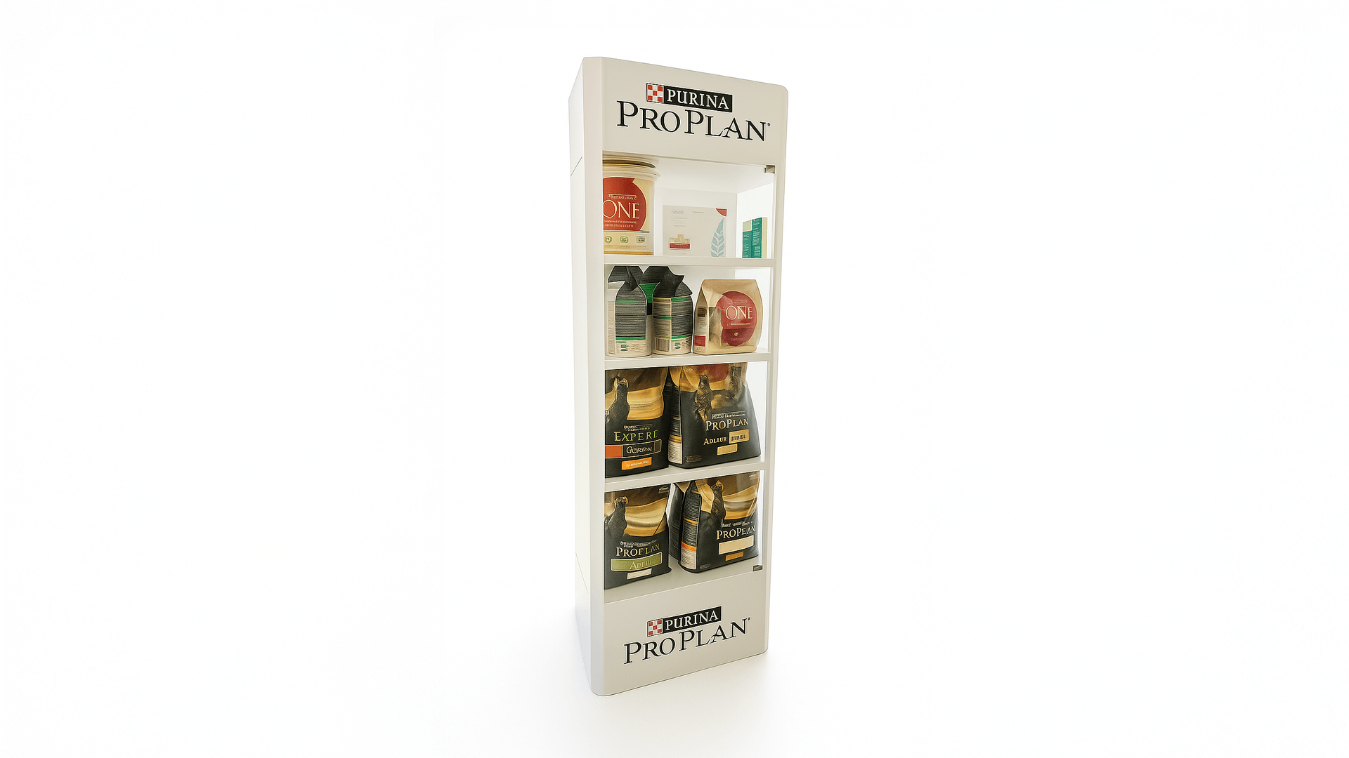 Freestanding POS Display for Purina Pro Plan with pet food bags and cans neatly arranged on shelves