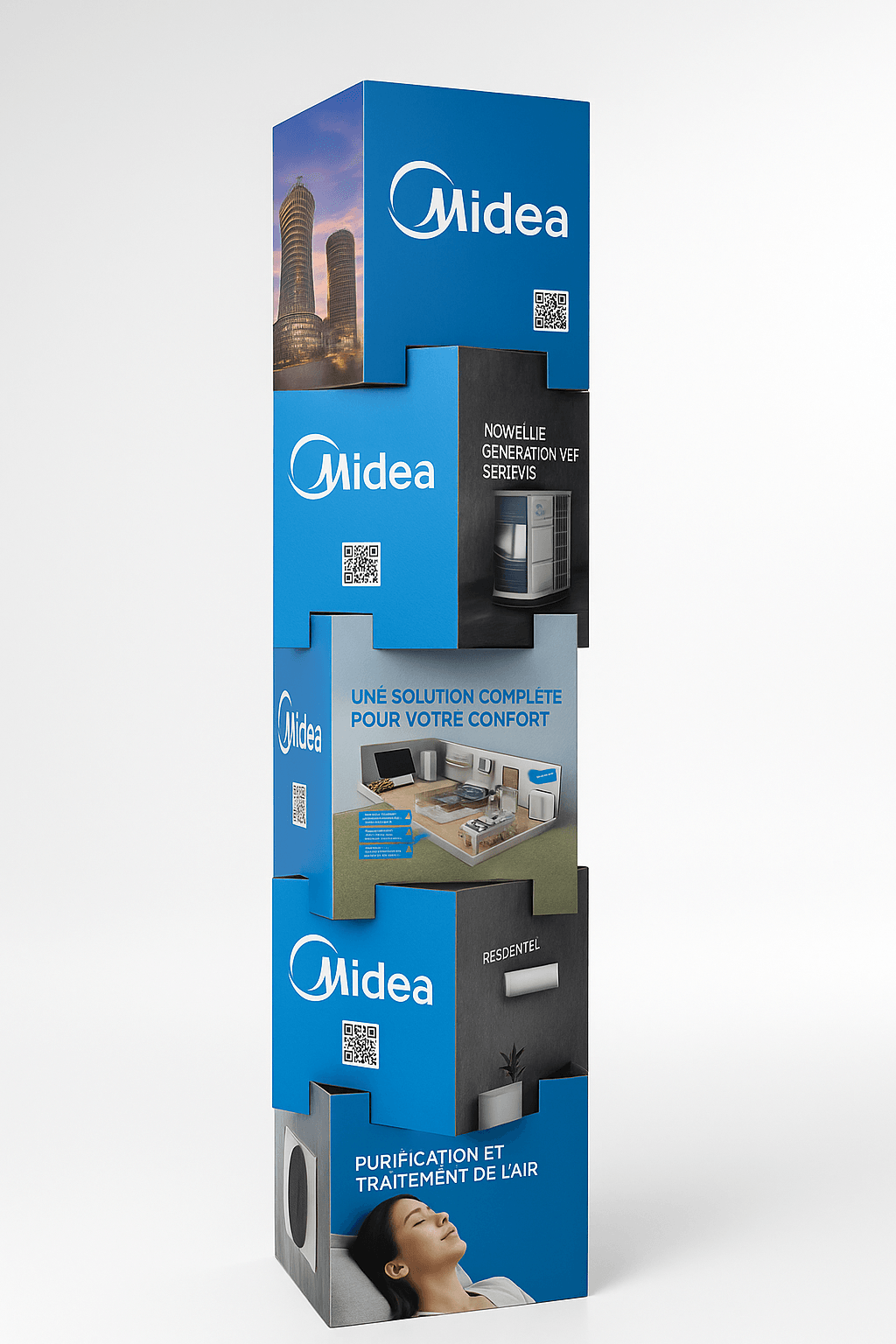 Custom Midea tower display with clean graphic design and technological products.
