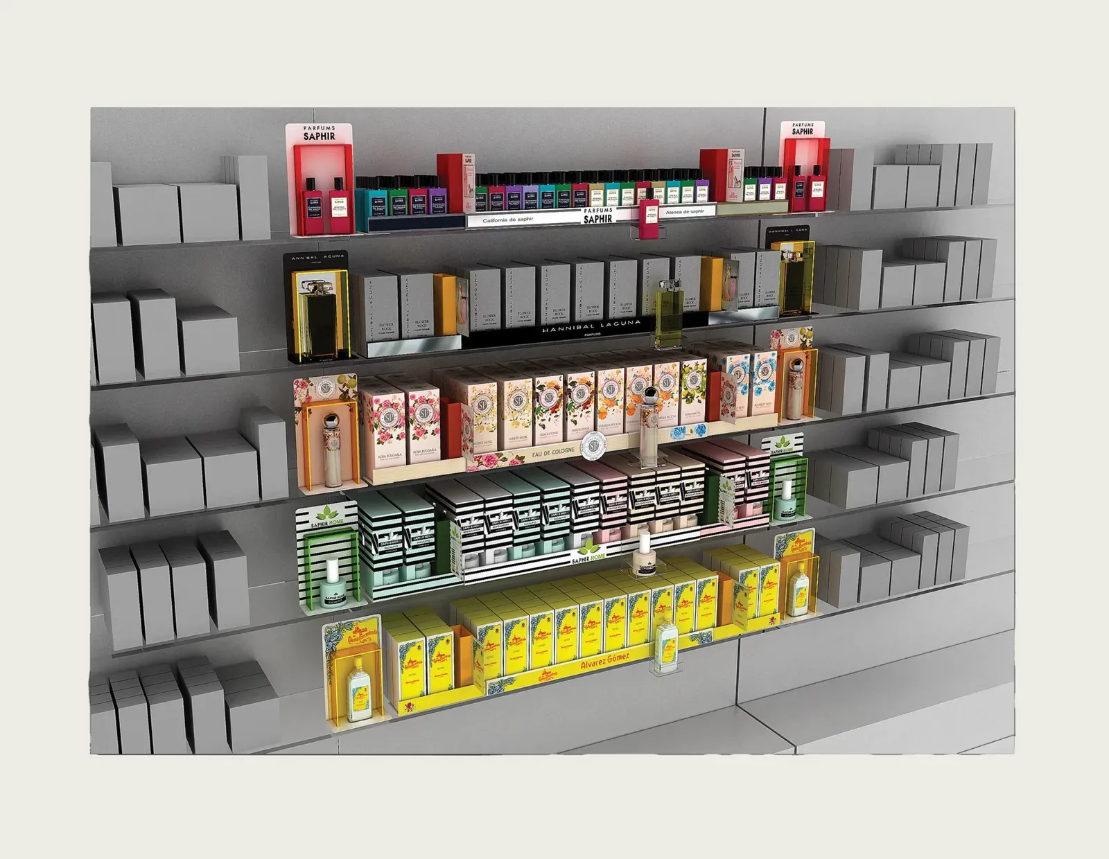 Implantación de lineal de perfumería con los módulos de Parfums Saphir, Hannibal Laguna y Álvarez Gómez destacados en color sobre el resto de la góndola en gris
