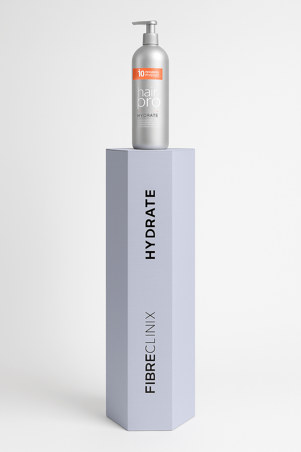 Expositor hexagonal vertical con base lavanda y botella Hair Pro Hydrate en la parte superior.