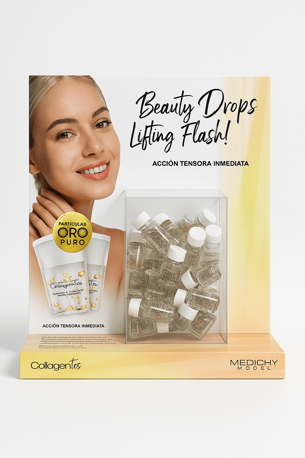 Expositor de mostrador con frascos mini de Beauty Drops y gráfica con rostro femenino y mensaje Lifting Flash.