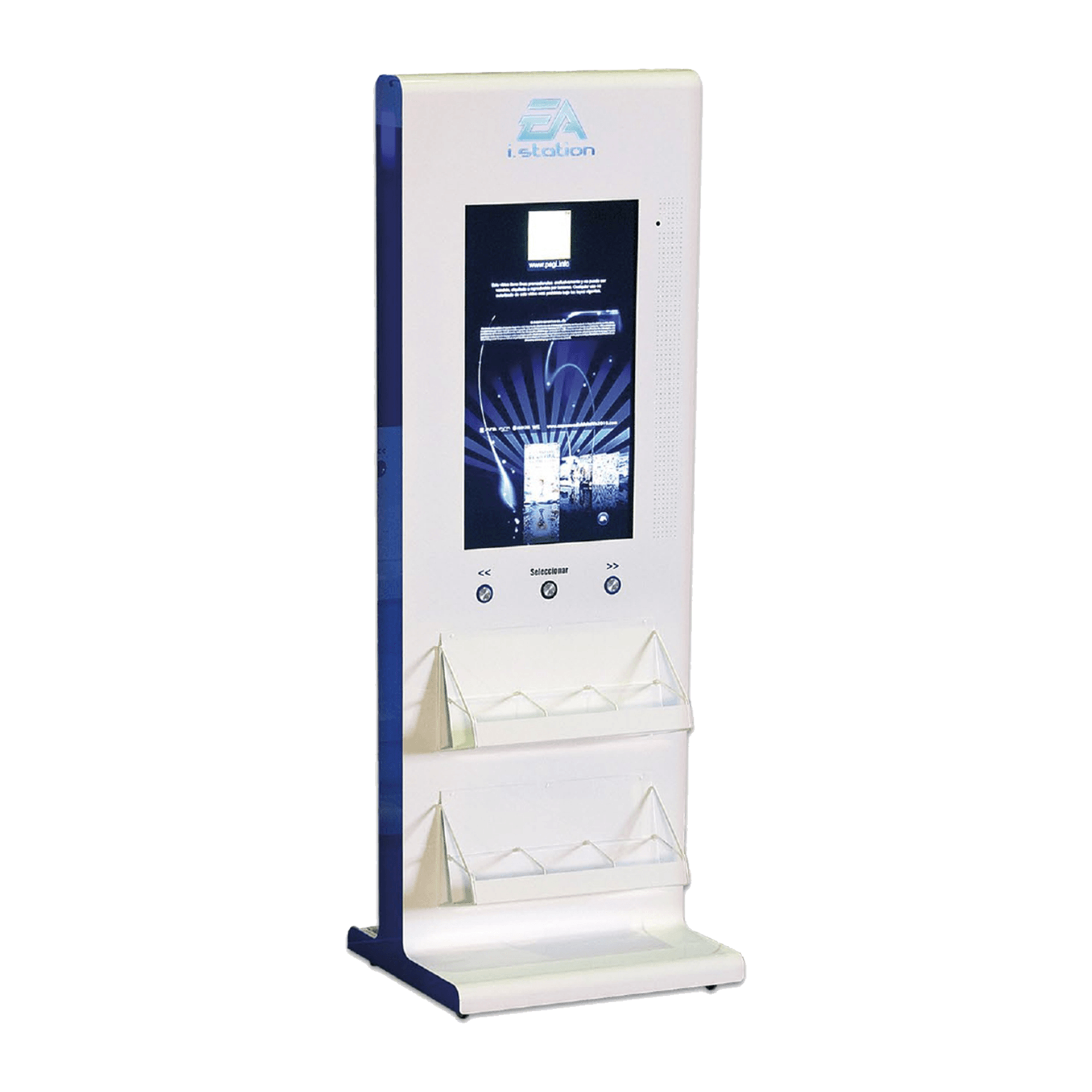 Expositor iluminado con pantalla integrada en el centro y botones para seleccionar contenido. En la parte inferior, incluye dos estantes inclinados con separadores transparentes para exponer productos.