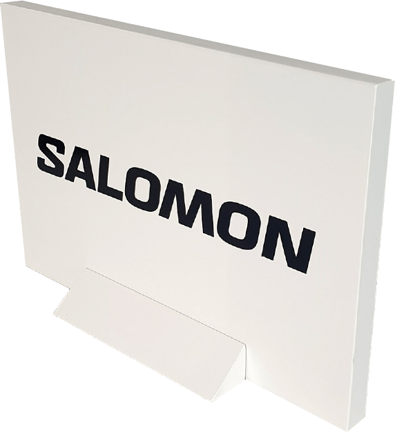 Cartel de recordatorio de marca Salomon en blanco para promoción en puntos de venta.
