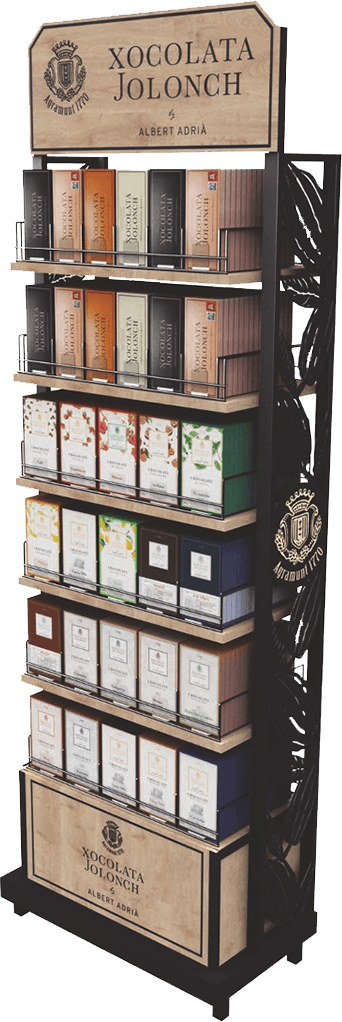 Expositor elegante de Xocolata Jolonch con múltiples estantes mostrando una variedad de chocolates, decorado con el logo y la mención "Albert Adrià" en la parte superior