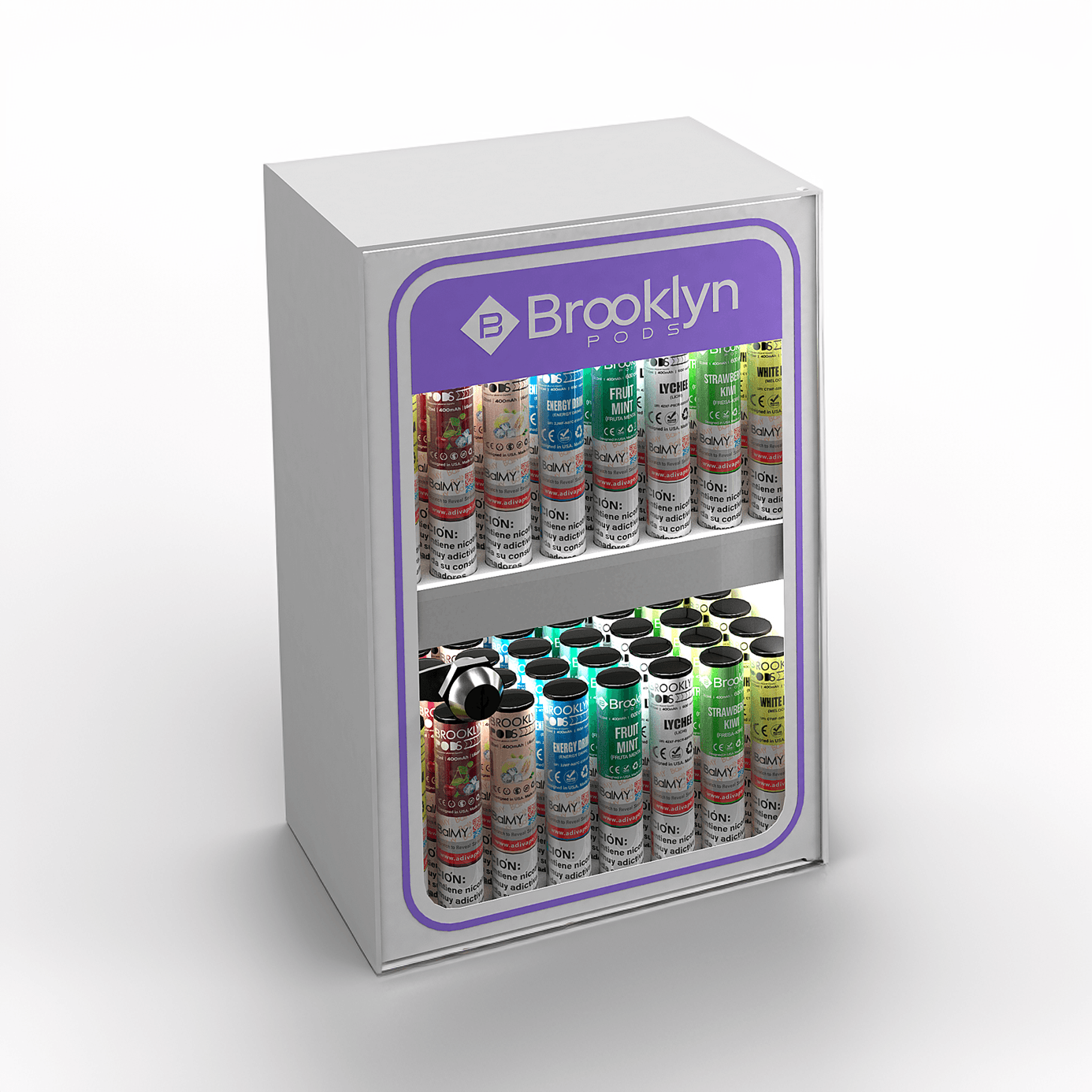 Vitrina expositora de sobremesa para Brooklyn hecha de plástico y metacrilato que exhibe vapers en su interior.