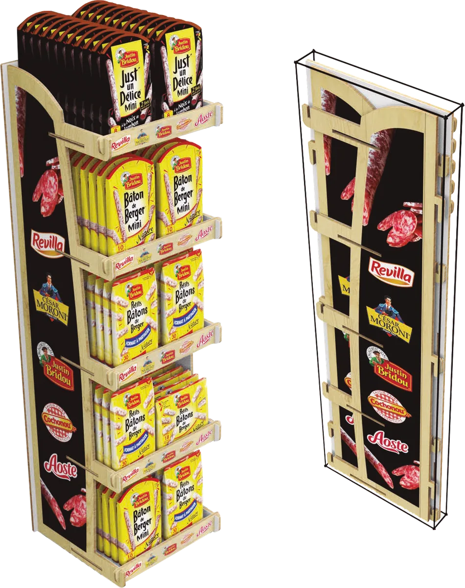 Expositor de suelo de madera clara de Aoste con cinco bandejas de snacks de charcutería Justin Bridou y laterales negros con los logos de Revilla, César Moroni, Cochonou y Aoste, junto a la misma pieza plegada en plano