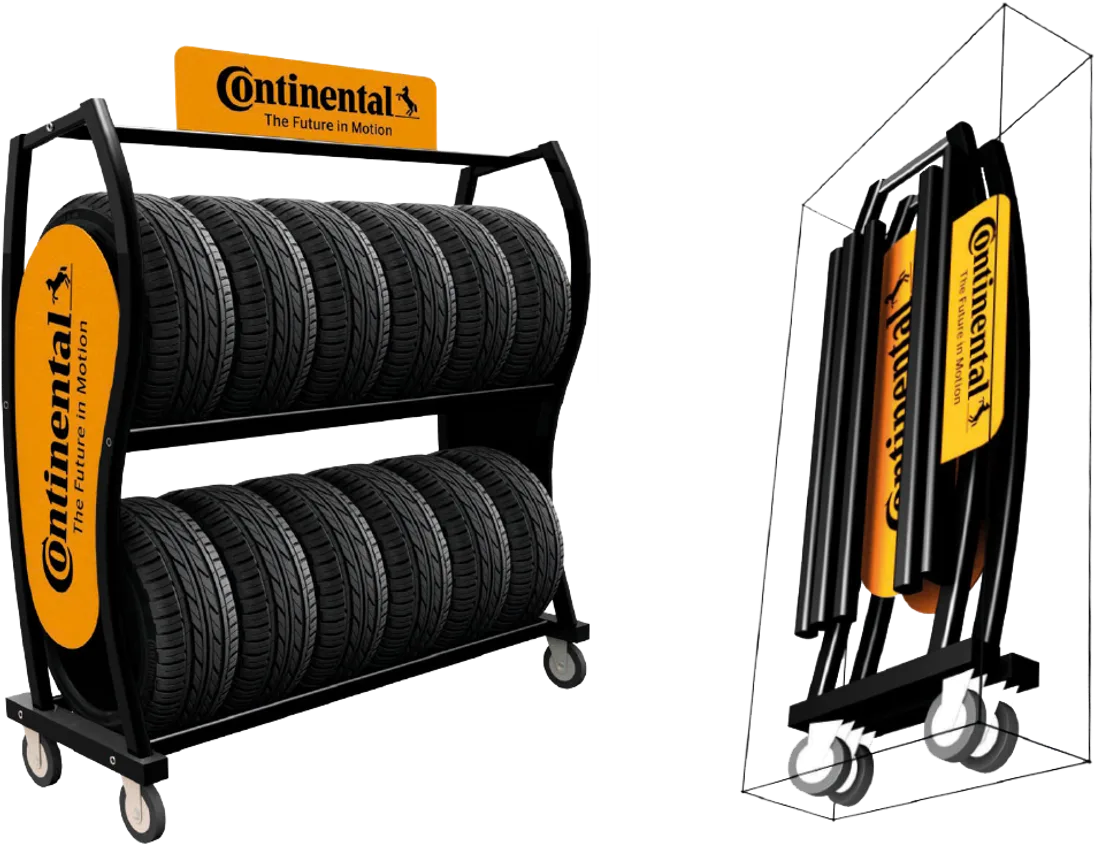 Carro expositor de acero negro de Continental con dos bandejas de neumáticos de turismo, ruedas giratorias y cabecera naranja, junto a la misma pieza plegada dentro del volumen de su caja de transporte