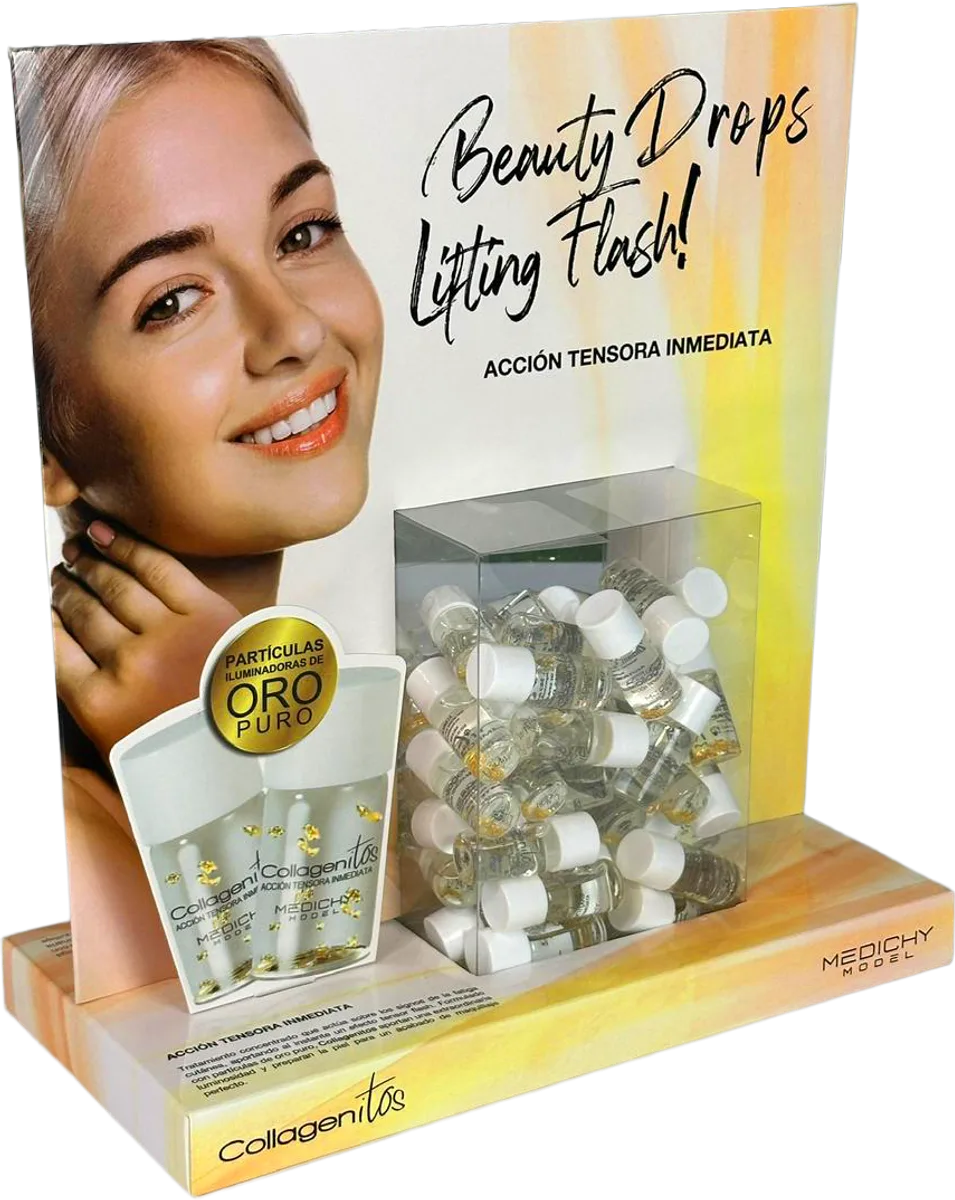 Cardboard counter display for Collagenitos with a header showing the model and the line Beauty Drops Lifting Flash, a clear bin full of ampoules and a product card with two sample vials