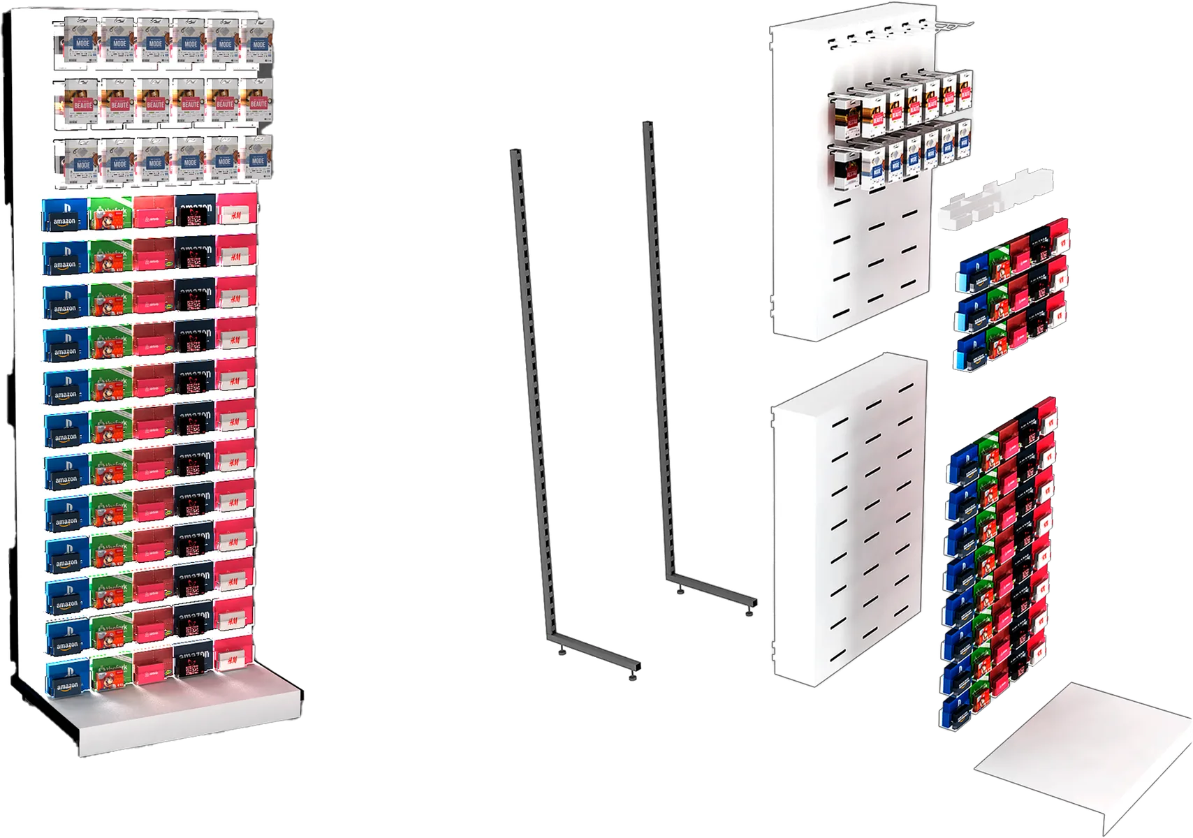 Module de linéaire Wonderbox monté et garni de cartes cadeaux et, à côté, ses composants séparés, avec deux montants perforés sur pied, deux panneaux rainurés blancs, les porte-cartes transparents et le plateau de socle