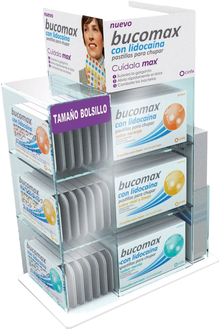 Clear counter display for Bucomax with lidocaine, by Cinfa, with three trays of packs by flavour, a top panel with the model and three numbered benefits, and a purple pocket-size label