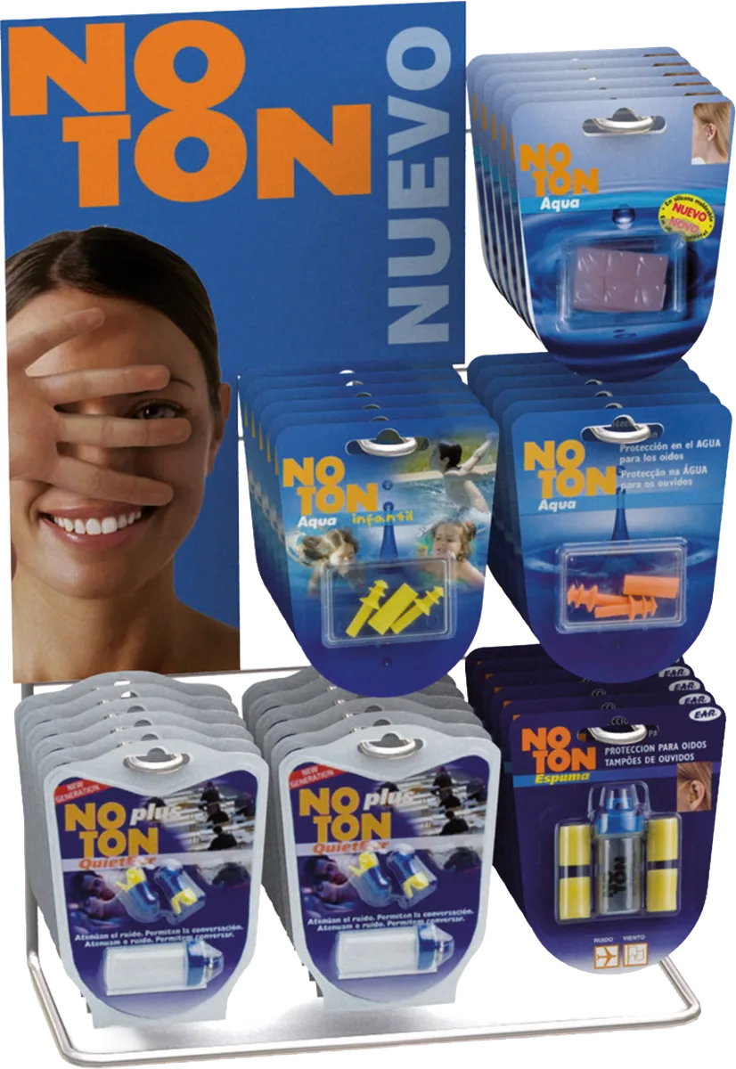 Wire counter display for Noton with a blue and orange header and columns of ear plug blisters in the Aqua, Aqua kids, Foam and Quiet Ear versions