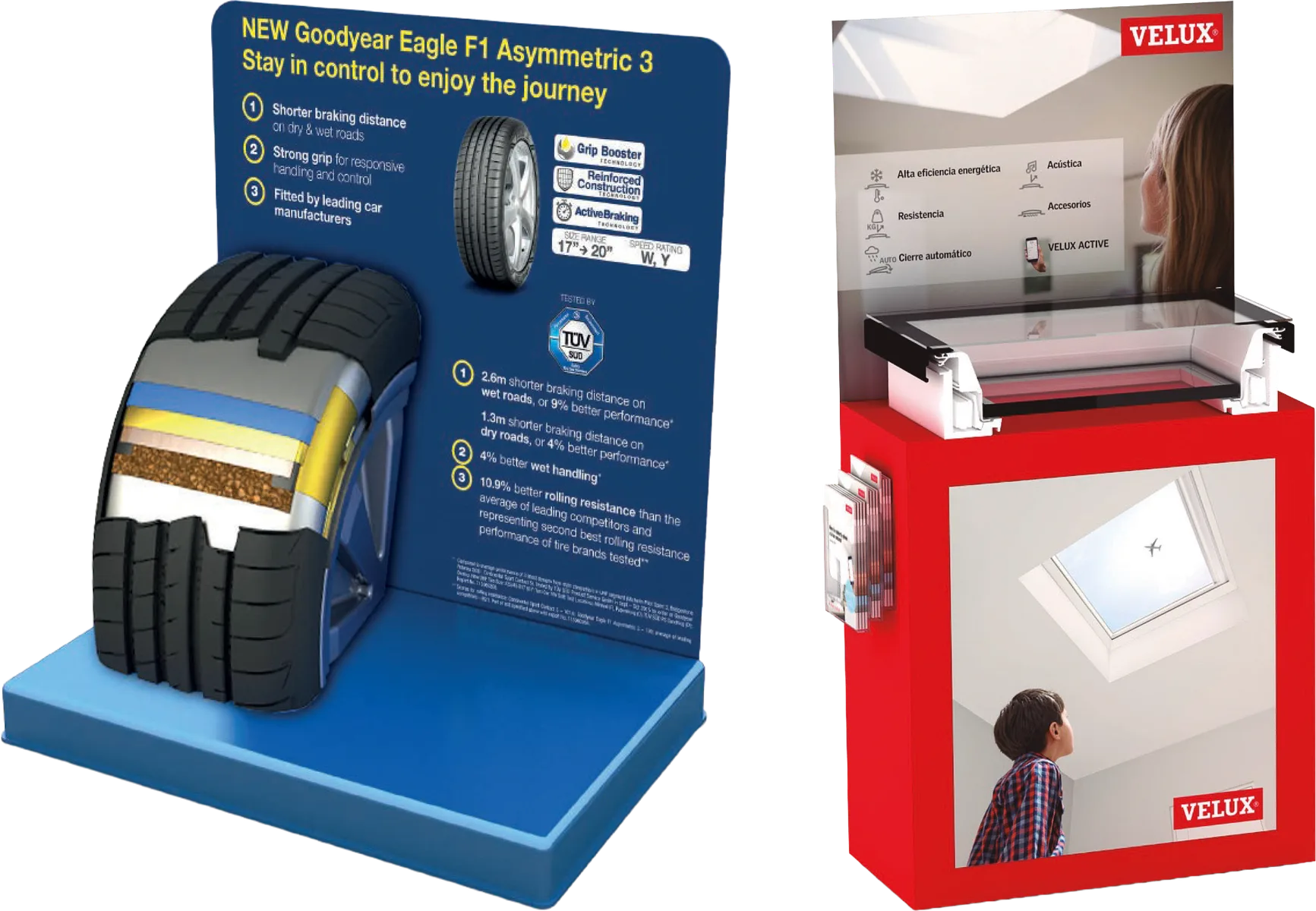 Expositor de sobremesa azul de Goodyear con una sección cortada del neumático Eagle F1 Asymmetric 3 delante de un panel con sus ventajas, junto al expositor rojo de Velux que sostiene una sección de ventana de tejado con perfilería y doble acristalamiento y lleva un portafolletos en el lateral