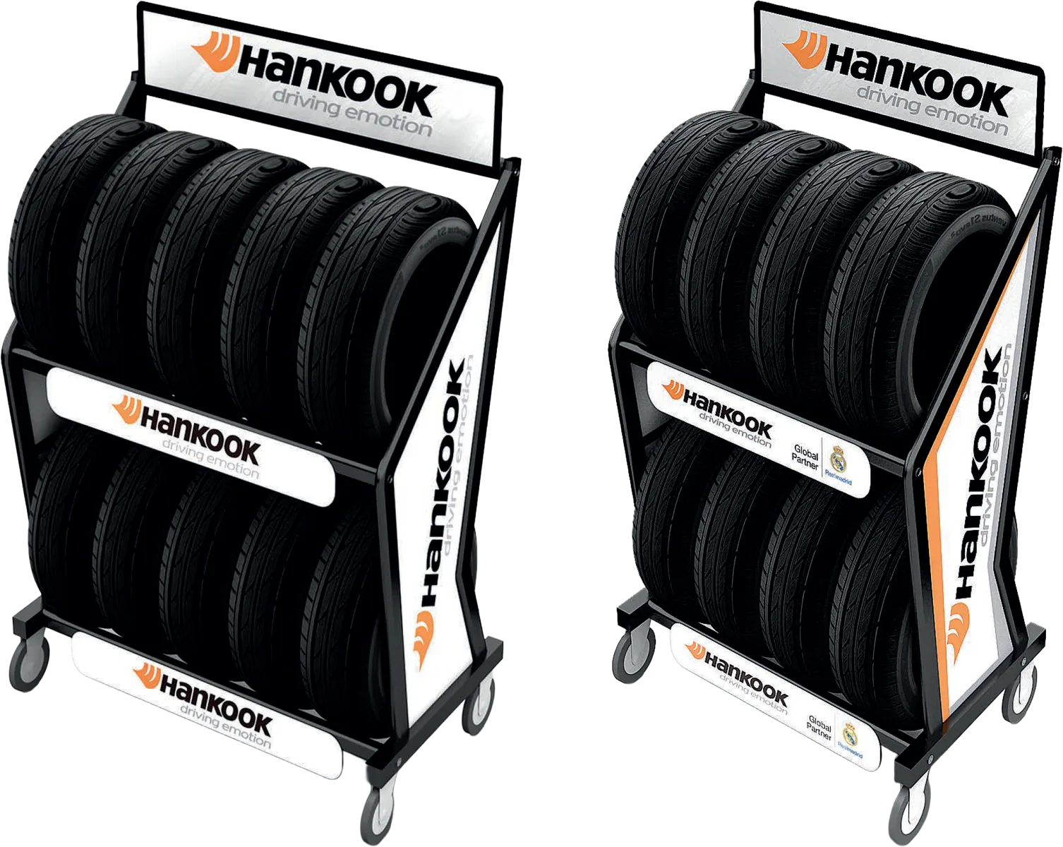 Dos carros expositores de Hankook en acero negro sobre ruedas, cargados con dos alturas de neumáticos, a la izquierda con cartel, frisos y lateral blancos con el logotipo y a la derecha con frisos y lateral que añaden el sello Global Partner del Real Madrid